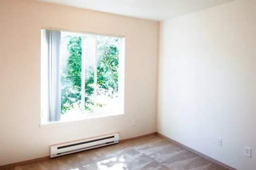 A room with a window and a radiator on the floor.