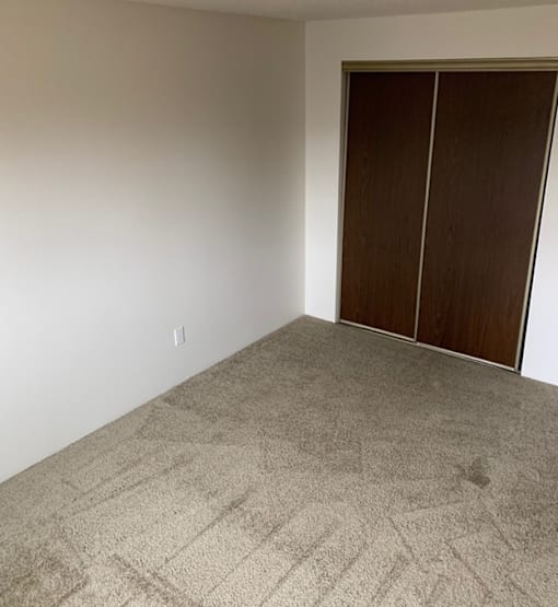 A room with a carpeted floor and a brown wardrobe.