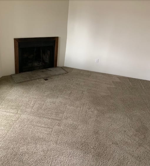 A fireplace in a room with carpeted floor.