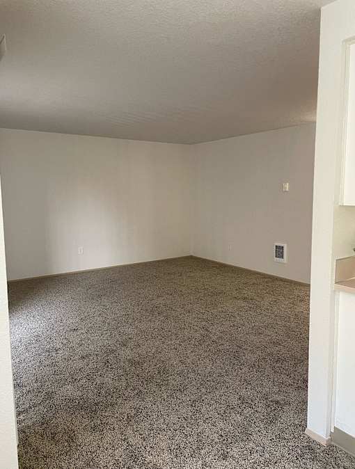 A room with carpeted floor and white walls.