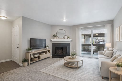 A living room with a fireplace and a television.