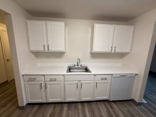 A kitchen with white cabinets and a sink.