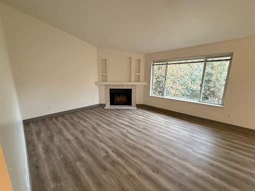 A room with a fireplace and a window.