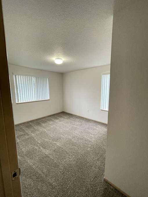A room with a carpeted floor and a window with blinds.