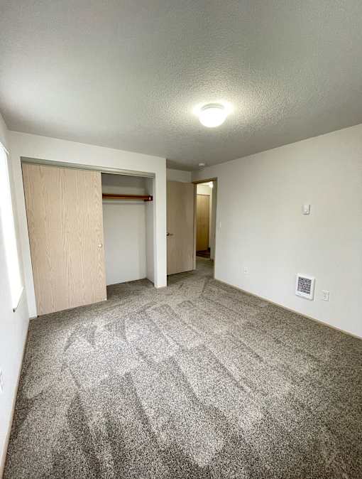 A room with a carpeted floor and a wooden door.