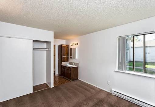 A room with a brown carpet and a white wall.