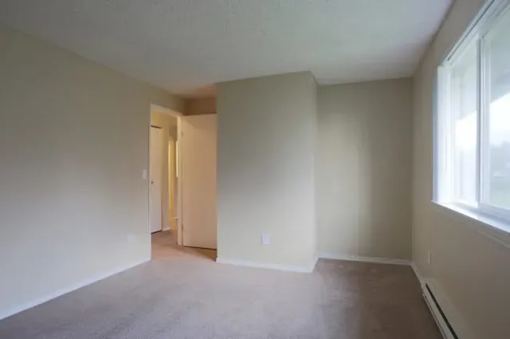 A room with a carpeted floor and a doorway leading to another room.