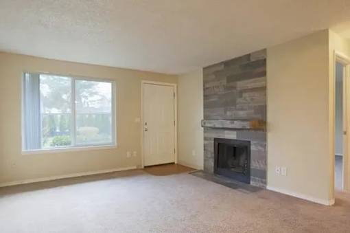 A room with a fireplace and a door.