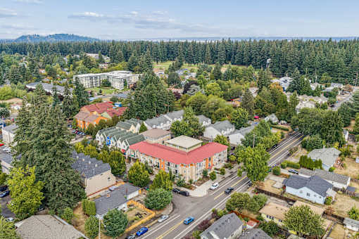 A small town with a large building in the center.