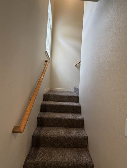 A staircase with a wooden handrail and carpeted steps.
