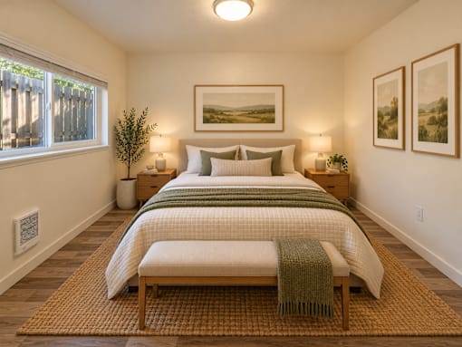 A bedroom with a large bed and a painting on the wall.