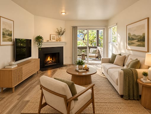 A living room with a fireplace and a couch.