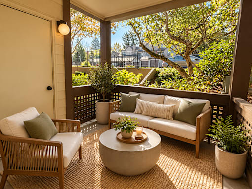 A patio with a couch, chair, and table with a plant on it.