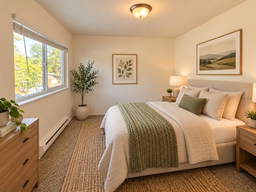 A bedroom with a bed, nightstand, and a plant.