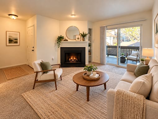 A cozy living room with a fireplace and comfortable seating.