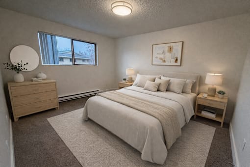 A bedroom with a large bed, nightstands, and a window.