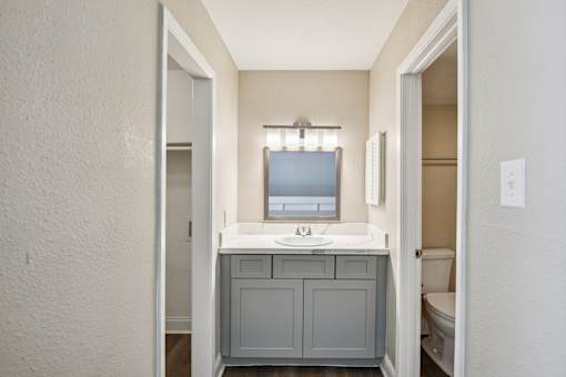 A bathroom with a sink and a mirror above it.