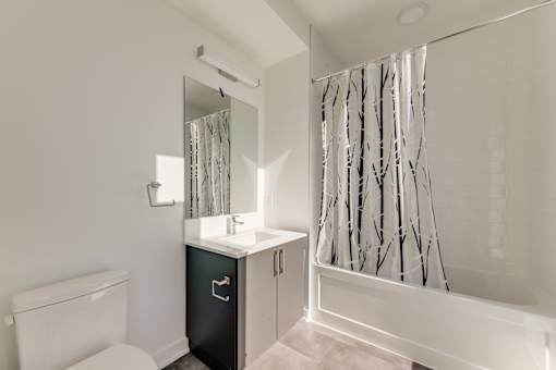 A white bathroom with a black cabinet and a white toilet.