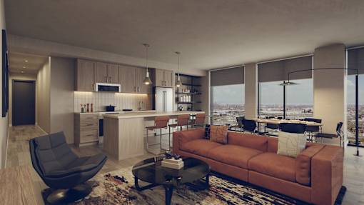 A modern living room with a large window overlooking the city.