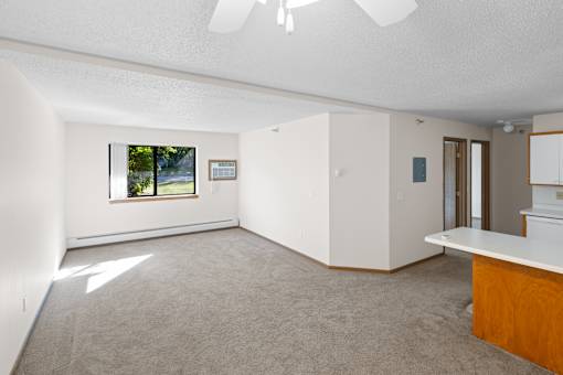 A room with a ceiling fan and a window with a view of trees.