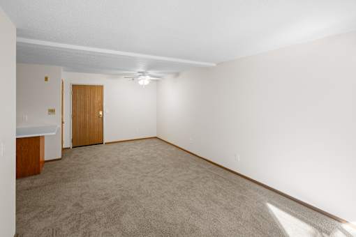 A room with a carpeted floor and a wooden door.