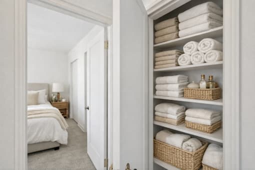 A white bathroom with a towel shelf and a bed.