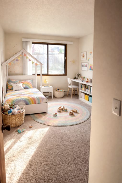 A child's bedroom with a bed, desk, chair, and toys.