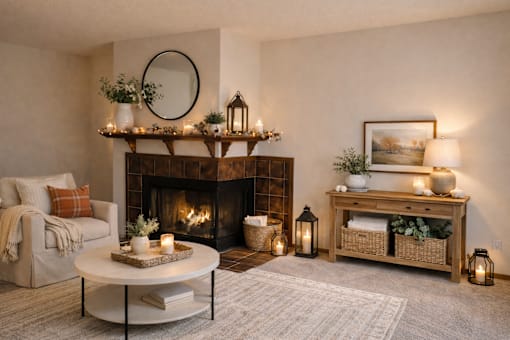 A cozy living room with a fireplace and a coffee table.
