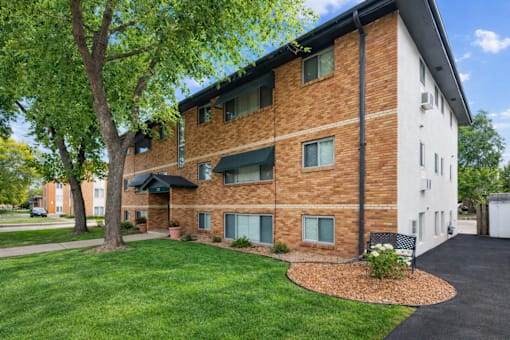 A tree is in front of a brick building.