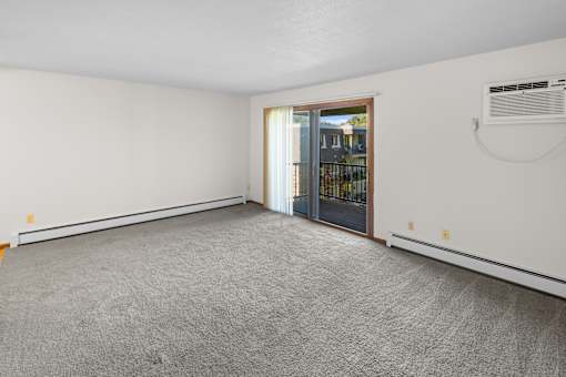 A room with a grey carpet and a sliding glass door.