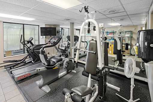 A gym with treadmills, weights, and exercise equipment.