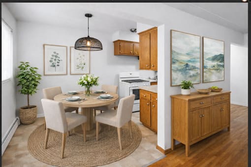 A dining room with a round table and chairs.