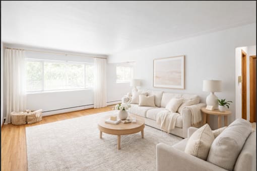 A living room with a white couch, a coffee table, and a painting on the wall.