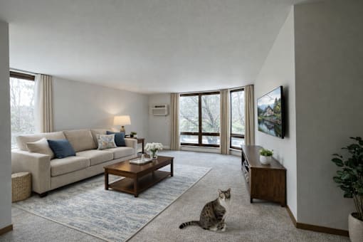 A cat is sitting on the floor in a living room.
