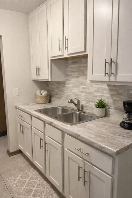 A kitchen with white cabinets and a marble countertop.