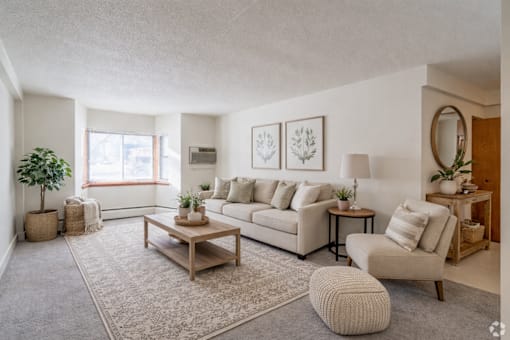 A living room with a white couch, a coffee table, and a rug.