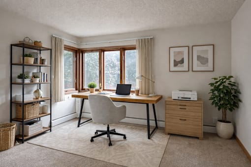 A home office with a desk, chair, and a printer.