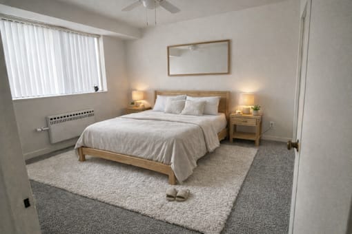 A bedroom with a large bed, a ceiling fan, and a window with blinds.