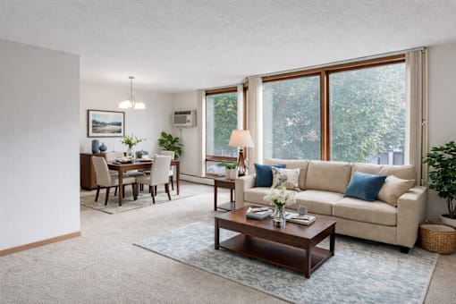 A living room with a couch, coffee table, and dining table.