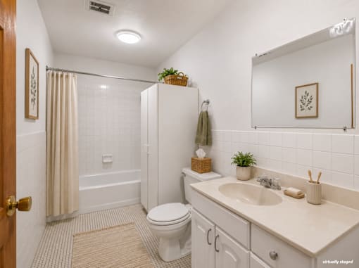 A bathroom with a toilet, sink, and shower.