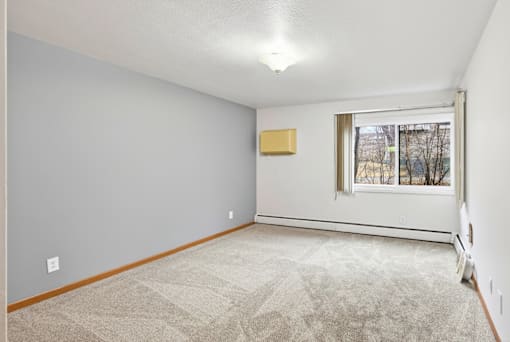 A room with a carpeted floor and a window.