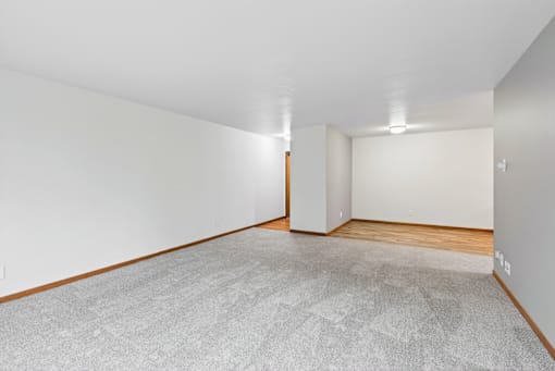 A room with a grey carpet and wooden floor.