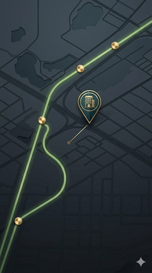 A map with a route highlighted and a location pin with a building icon.