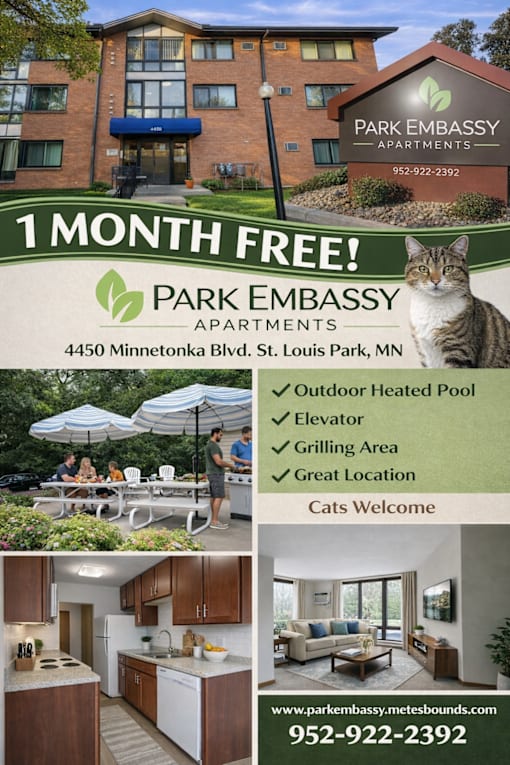 An advertisement for Park Embassy Apartments, offering a one-month free stay.