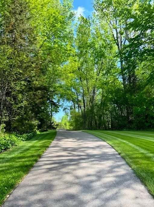 A tree-lined road stretches into the distance.