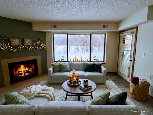 A cozy living room with a fireplace and a view of a snowy landscape outside.