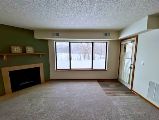 A room with a fireplace and a window.