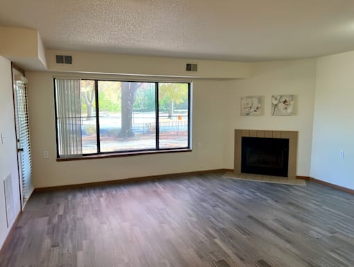 A room with a fireplace and a large window.