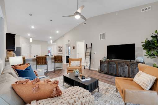 A living room with a grey couch and a brown couch.