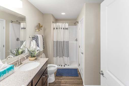 A bathroom with a white toilet, sink, and shower curtain.